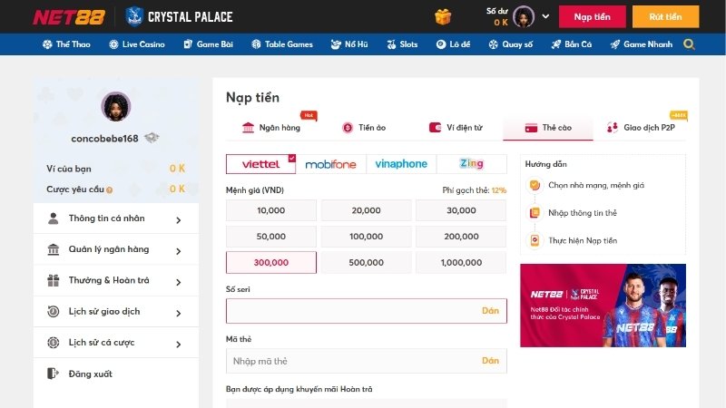 Phương thức nạp tiền tại NET88